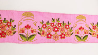 Pink Art Silk Trim With Floral Embroidery & Sequins, Red, Green And Gold Flower Embroidered Trim